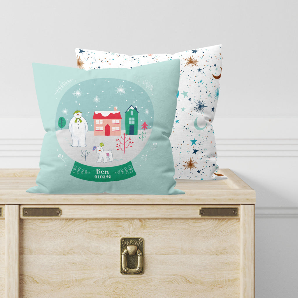 The Snowman and the Snowdog Snow Globe Personalised Cushion